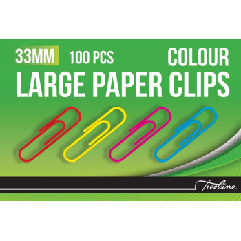 TREELINE Paper Clips 33mm Coloured PVC Coated - 100s