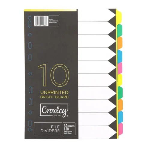CROXLEY Board File Dividers Rainbow Bright Plain Tab 10